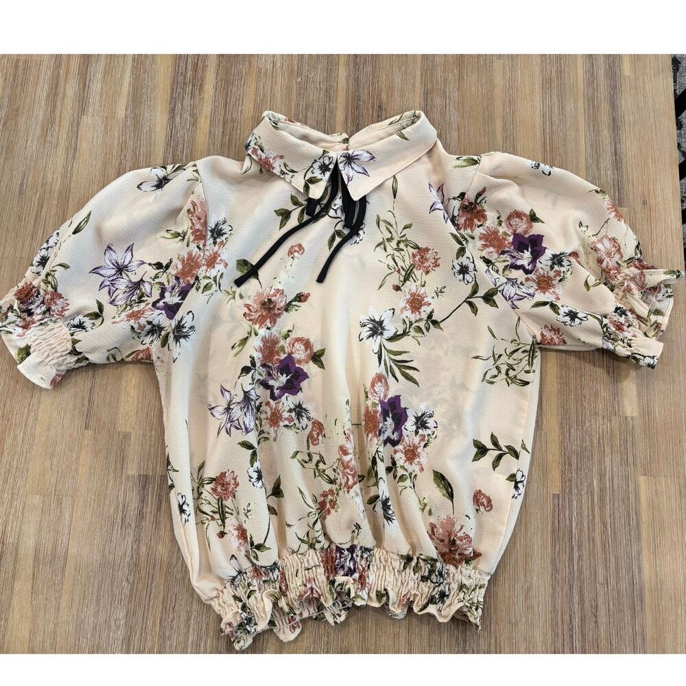 Moa Moa Off White Floral Collared Blouse with Tie Size M